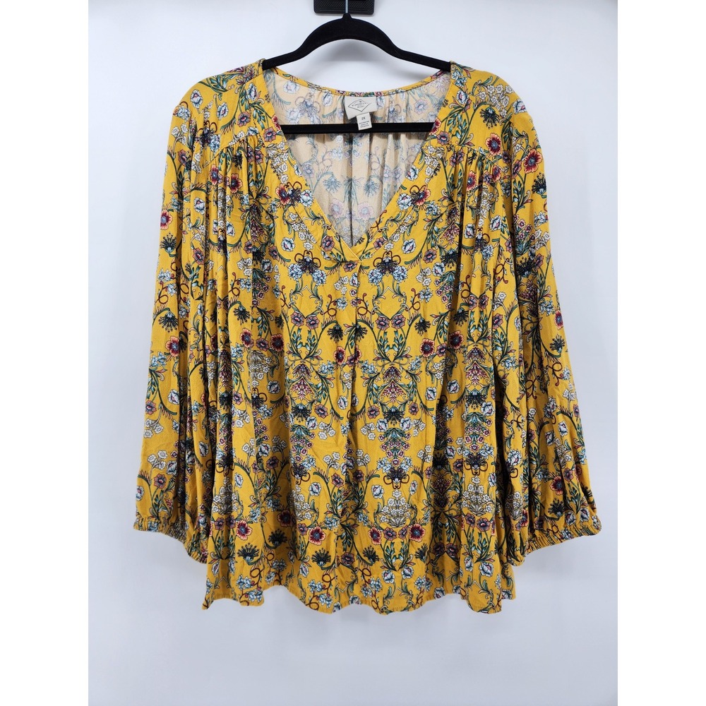 St. John's Bay 2X Floral Print Long Sleeve V Neck Blouse Top Yellow